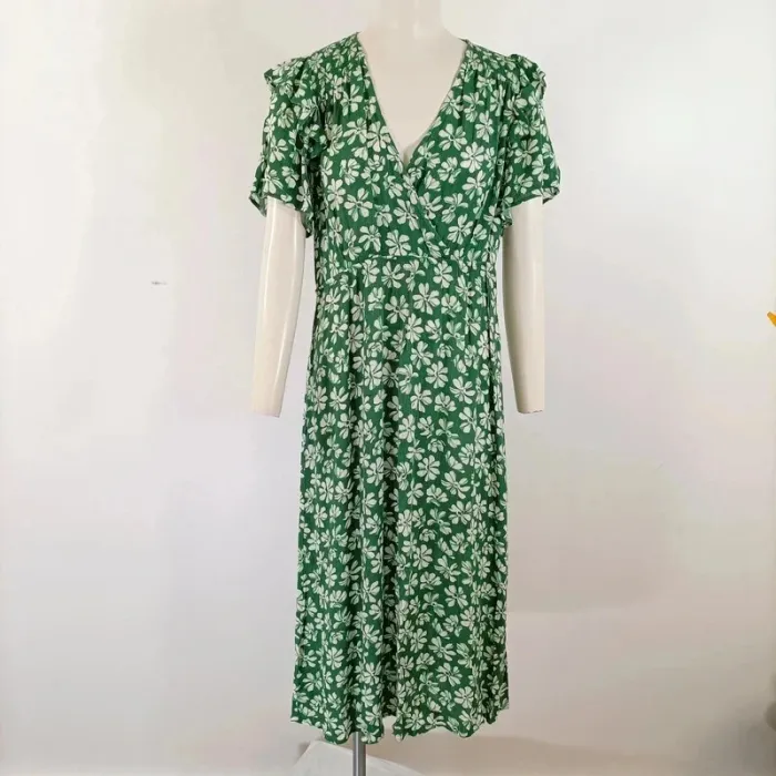 Robe portefeuille verte An'ge imprimé floral manches courtes volants taille M A436