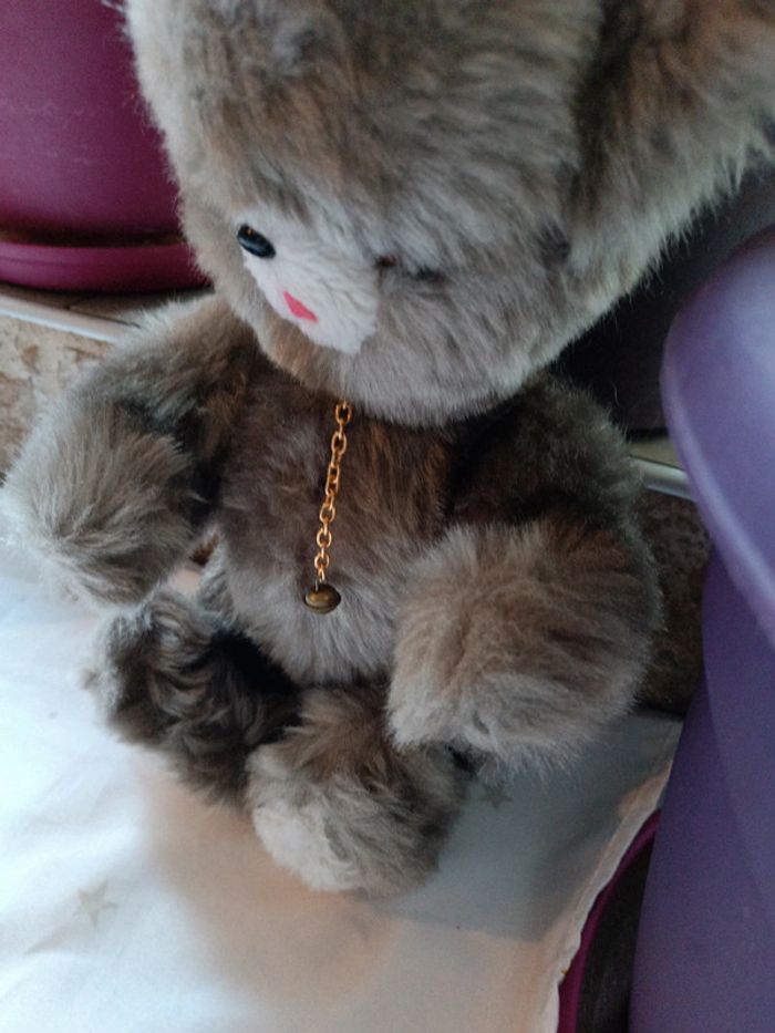 Peluche doudou plush nounours ourson ours Teddy Bear gris grey vintage articulé langue - photo numéro 5