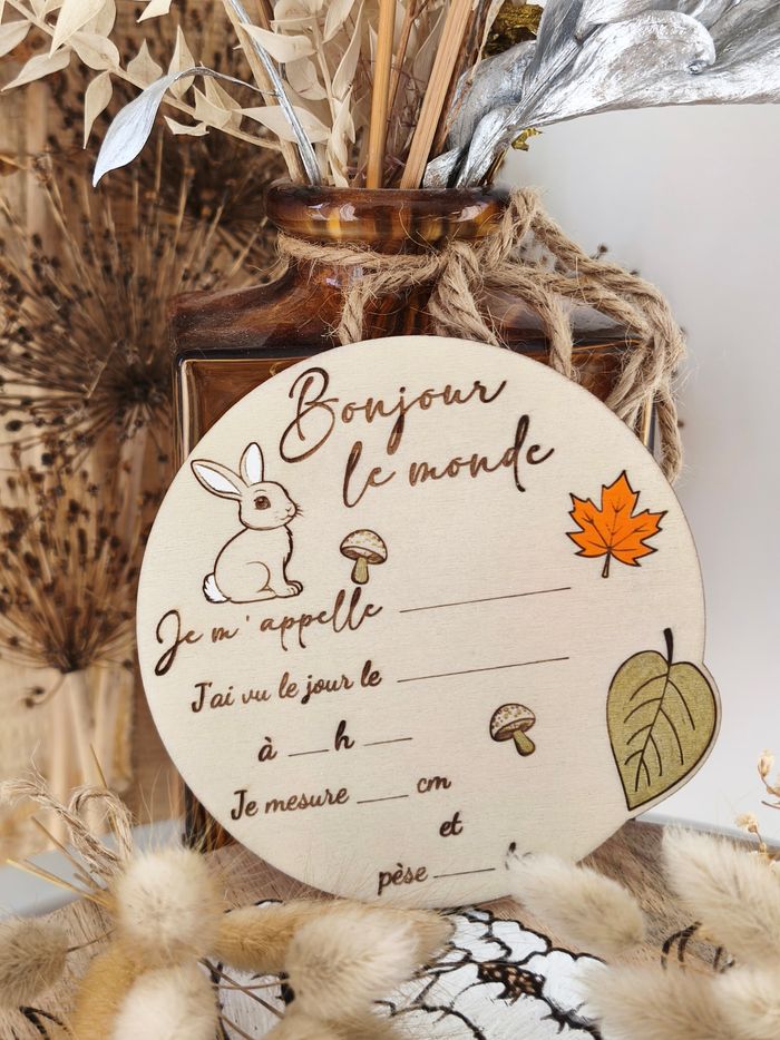 Jolie carte de naissance Lapin en bois - photo numéro 3