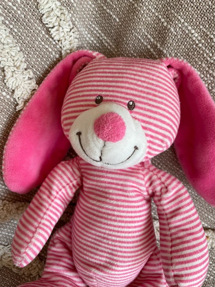 Peluche doudou 25cm Nicotoy lapin rose rayé blanc très bon état - photo numéro 2