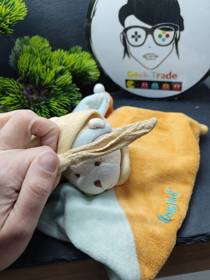 DD003646 Doudou plat ours orange bleu jaune baby nat bonnet ancien Marron Beige - photo numéro 4