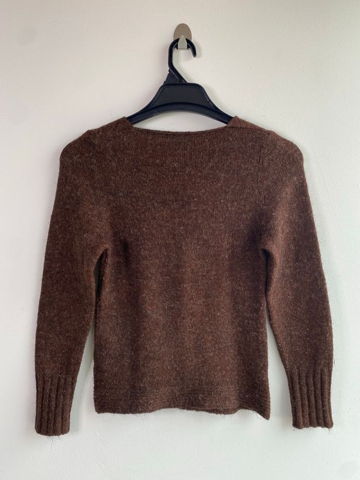 Pull en mohair marron & beige col V à motifs cœur et losange - photo numéro 4