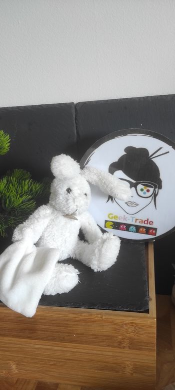 doudou peluche mouchoir lapin blanc baby nat poil fourrure pantin ancien Marron