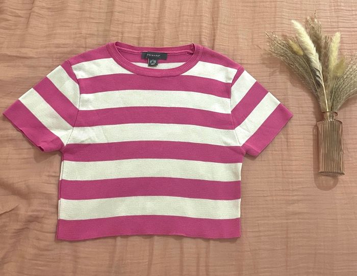 T-shirt, à rayures, roses et blanches, à manches courtes, pour femme