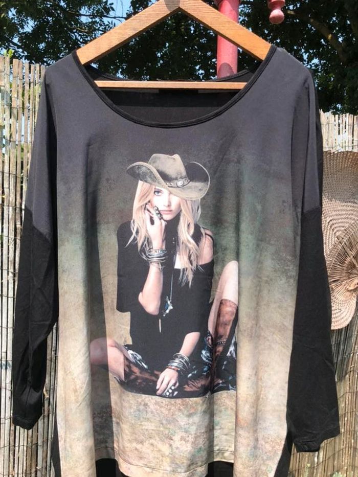👚 Tunique longue noire avec imprimé femme cow-girl à manches longues  - 48/50 - photo numéro 19