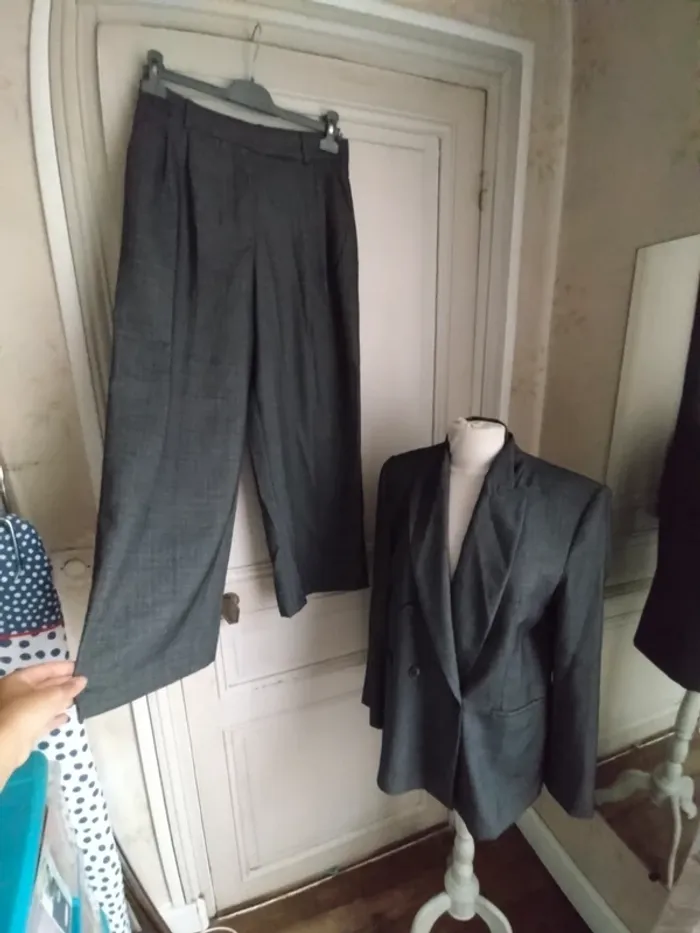 Tailleur Zara T.S 36 – Veste oversize & pantalon jambe large taille haute, gris chiné - photo numéro 14
