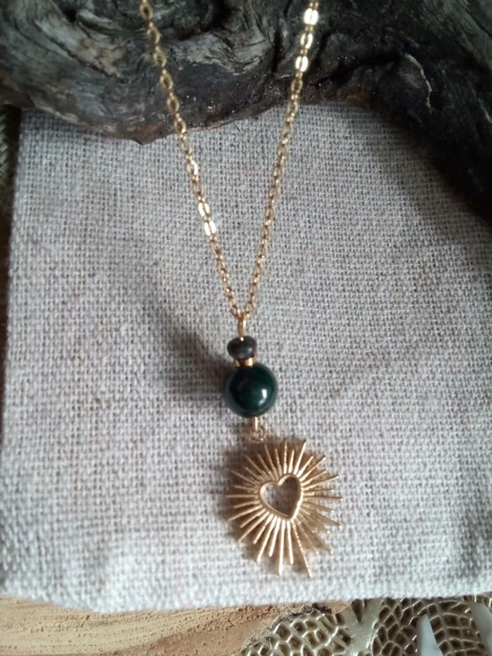 Collier coeur ensoleillé et véritable pierre de malachite - photo numéro 3