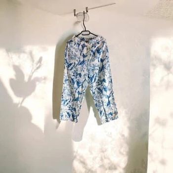 Pantalon Imprimé en Coton Floral Bleu et Blanc