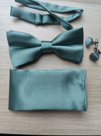 Nœud papillon vert eucalyptus + boutons de manchettes + mouchoir de pochette 