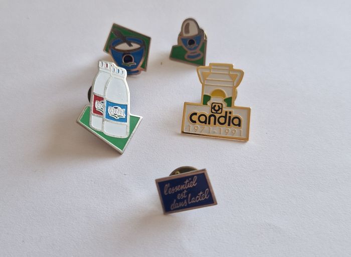 Lot de 5 Pin's Vintage Publicitaires Produits Laitiers Candia Lactel
