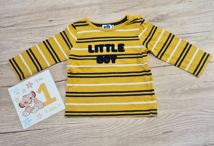 Tee-shirt manches longues à rayures noir et moutarde, Mots d'enfants, 12 mois
