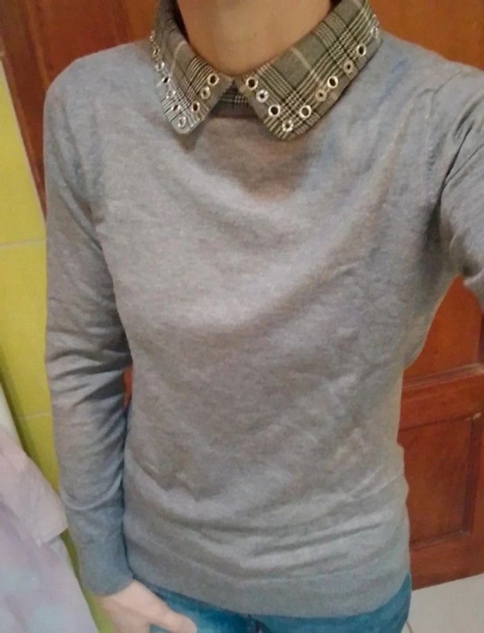 Pull femme col claudine gris - photo numéro 3