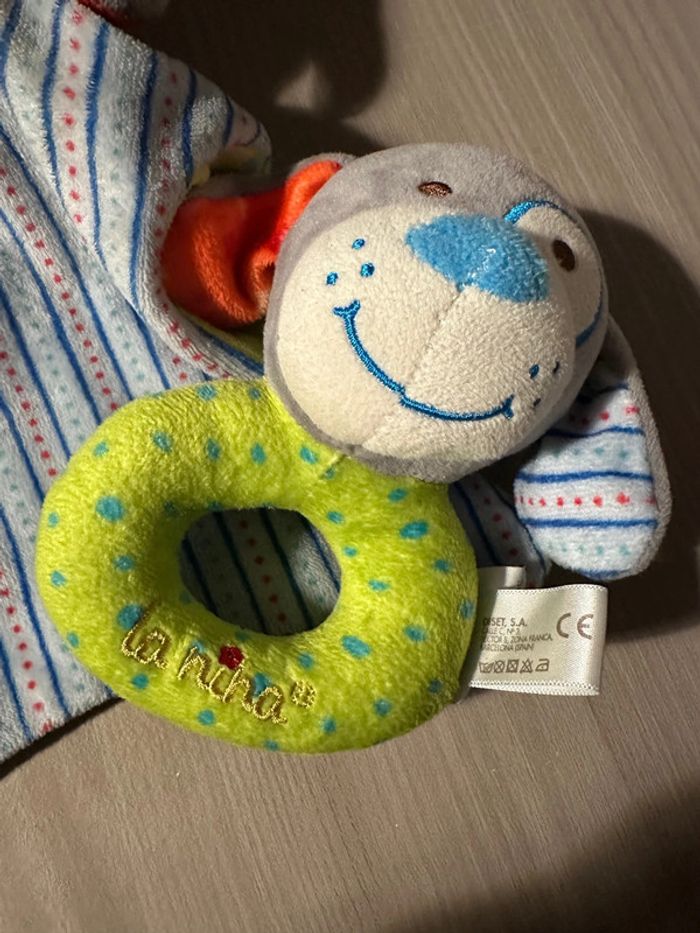 Doudou plat chien gris vert bleu et son Hochet - photo numéro 3