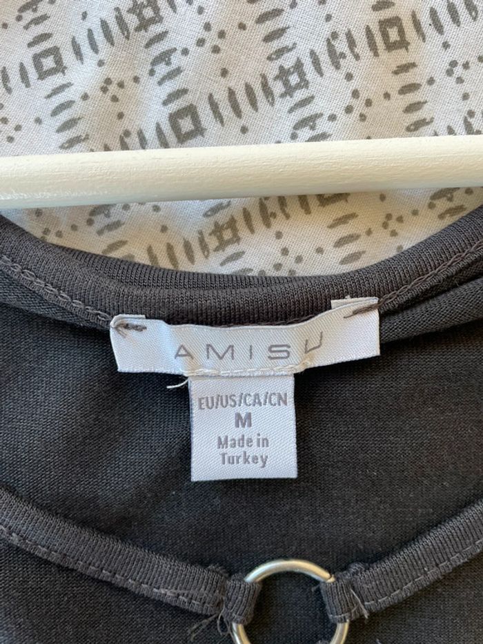 Haut t-shirt noir gris foncé fluide léger uni col rond à brides manches courtes décolleté - photo numéro 5