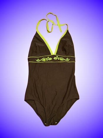 Maillot de Bain 1 Pièce Dos Nu Marron & Vert Lime – Motifs Bohèmes – Taille 44 XXL – Neuf, Sans Étiquette