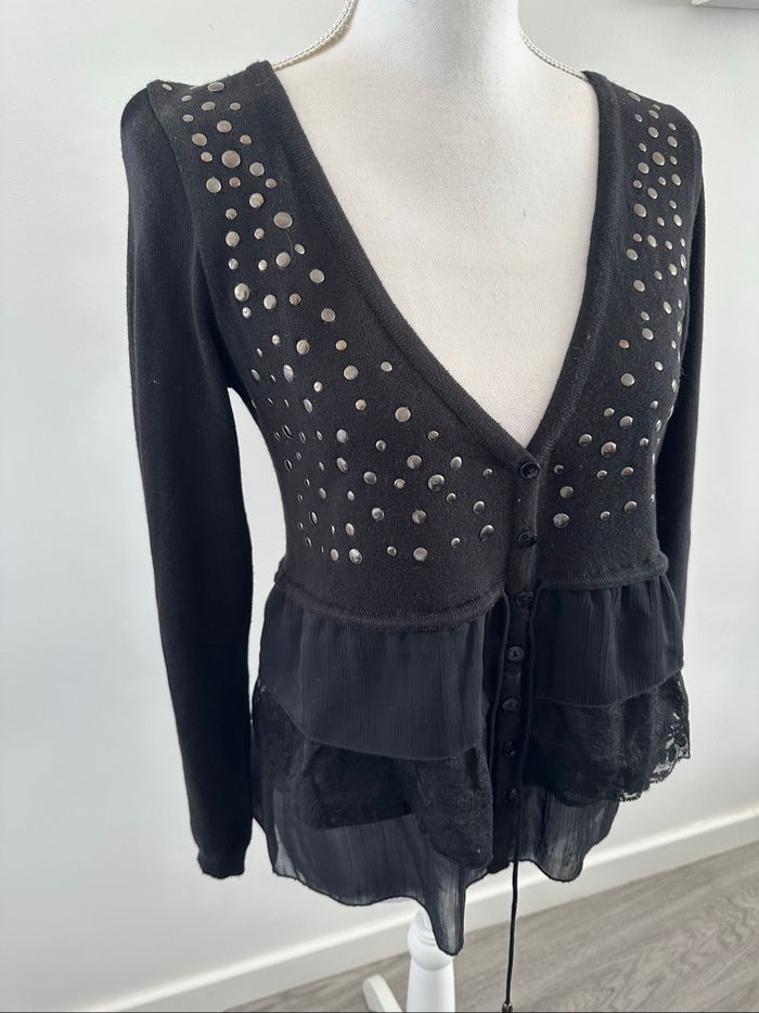 Cardigan blouse noir et argenté clous mesh dentelle Morgan T38 M - photo numéro 2