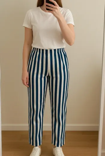 Pantalon fluide bleu marine et blanc