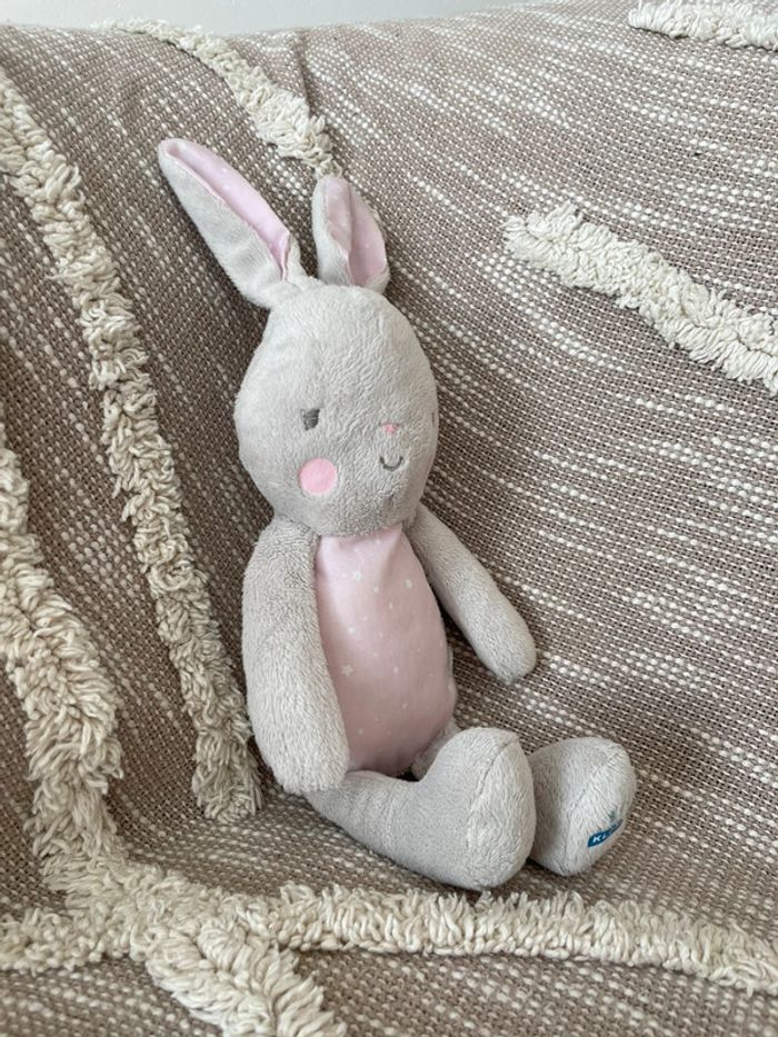 Peluche doudou 28cm klorane lapin gris et rose à pois blanc très bon état - photo numéro 2