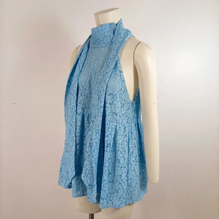 Top long tunique bleue ZARA col montant dentelle ajourée taille M sans manches mariage A1557 - photo numéro 4