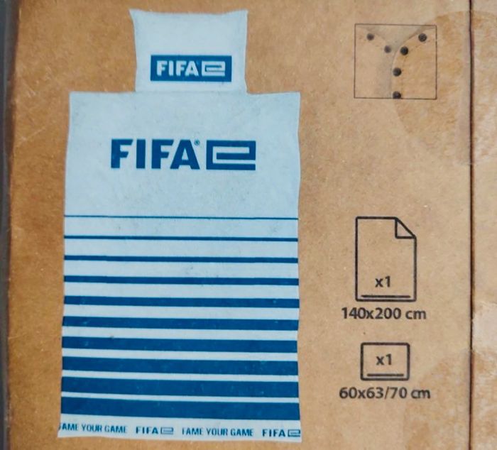 Ensemble de lit 1 personne FIFA, 100% coton blanc et bleu marine