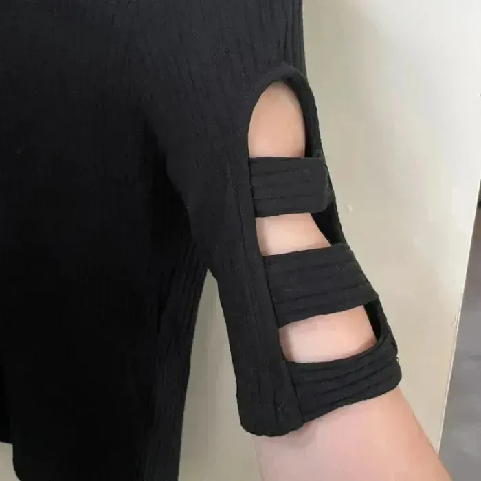 t-shirt Jennyfer T.M manches ajourées, maille côtelée stretch, col rond, coupe près du corps V036 - photo numéro 2