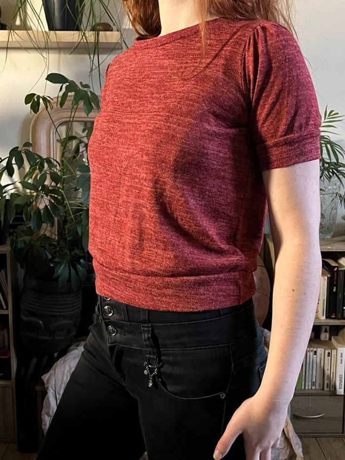 T-shirt crop top épais avec effet épaulettes - rouge foncé - photo numéro 4