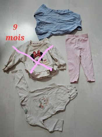 Lot de 4 articles 9 mois. 1 pull Disney minnie, 2 bodies : 1 blanc lapin et 1 bleu, 1 legging rose