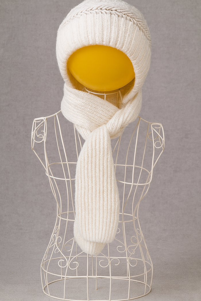 Bonnet fourré et Écharpe 2-en-1 Blanc - Maille Côtelée avec Pompon - Hiver - photo numéro 2