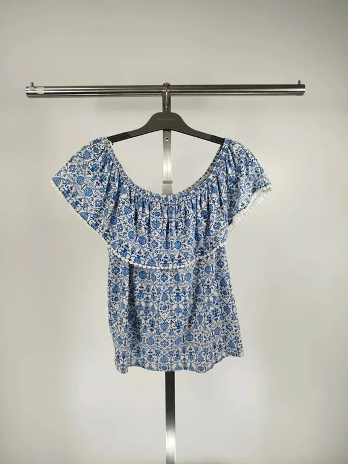 Top Miss Selfridge épaules dénudées - motif fleur bleues liberty taille 38 - A252 - photo numéro 2