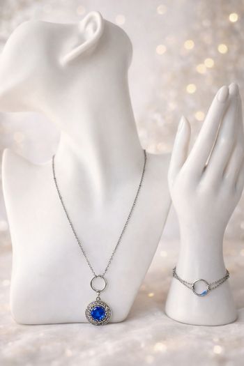 💎 Parure collier + bracelet argentés avec pierre bleue 💙 – NEUF