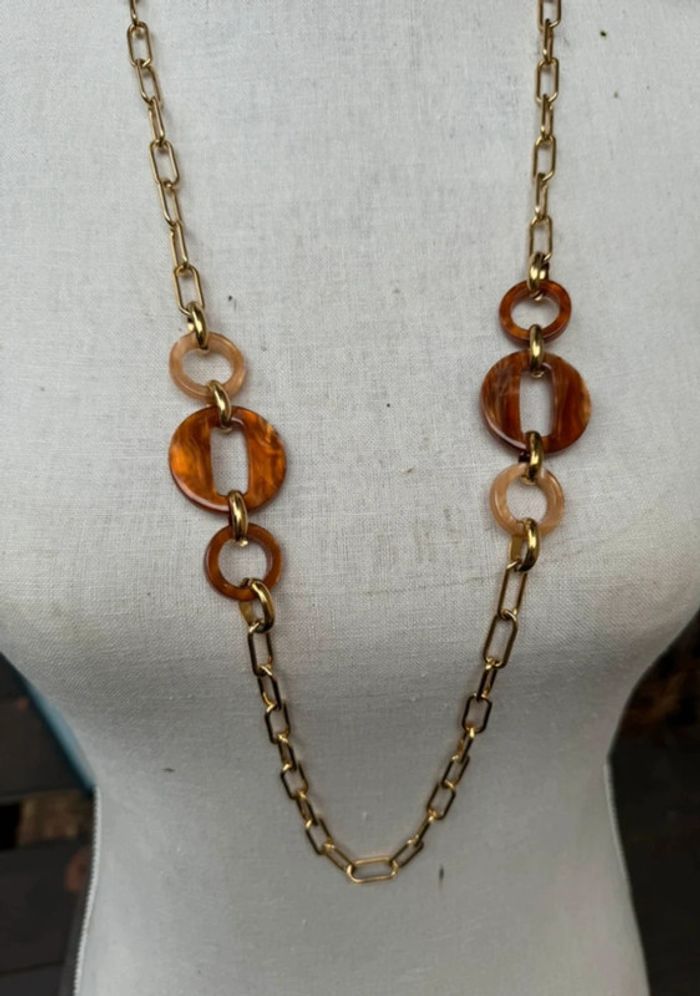 Collier sautoir réglable maillons xl acier inoxydable or et résine tons léopard - photo numéro 2