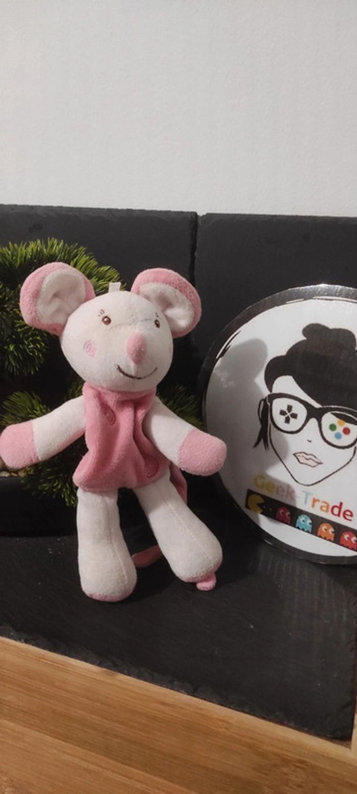 Doudou souris Sucre d'orge attache tétine  sucette blanc rose spirale Peluche