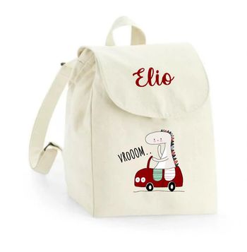Sac à dos maternelle personnalisé prénom - Dinosaure en voiture rouge - Sac crèche coton bio - Rentrée enfant garçon - Cadeau personnalisé