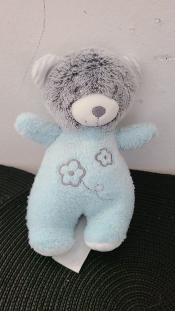 Doudou ours bleu gris fleurs TOM & KIDDY TOMKIDS