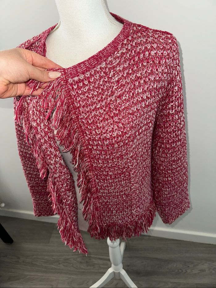 Blazer cardigan en tweed et franges rose fuchsia argenté et blanc Maje T3 40 L - photo numéro 3