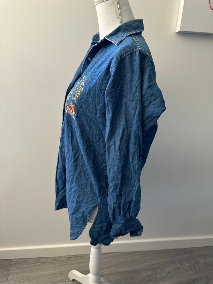 Chemise en jean denim broderies citrouilles sapins Vintage T38 M - photo numéro 5
