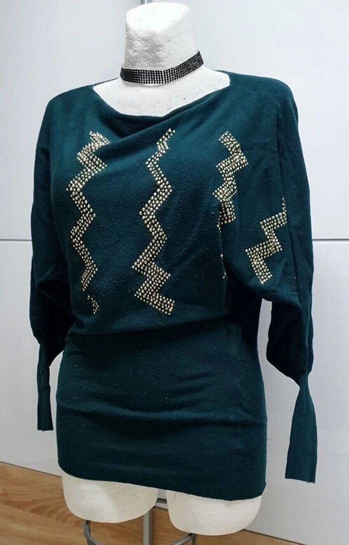 Beau pull vert manches chauve souris et strass T: 40 - photo numéro 5