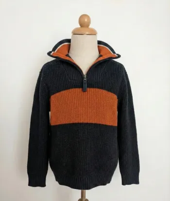 Pull Col Camionneur Zippé Gris et Orange Orchestra - Taille 6 Ans (116 cm)