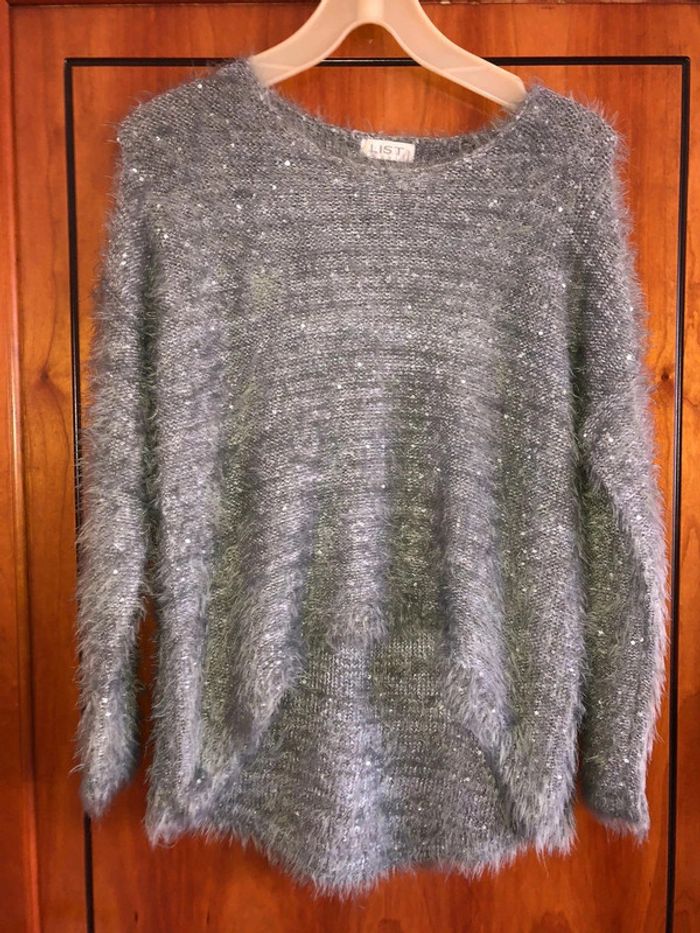 Pull gris à poils et sequins neuf taille unique