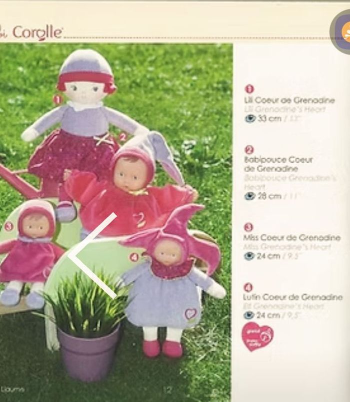 Doudou Corolle miss coeur grenadine 2013 poupée chiffon tissu velours ras coeur brodé violet parme babicorolle rose fushia bras rayés visage  dur - photo numéro 7