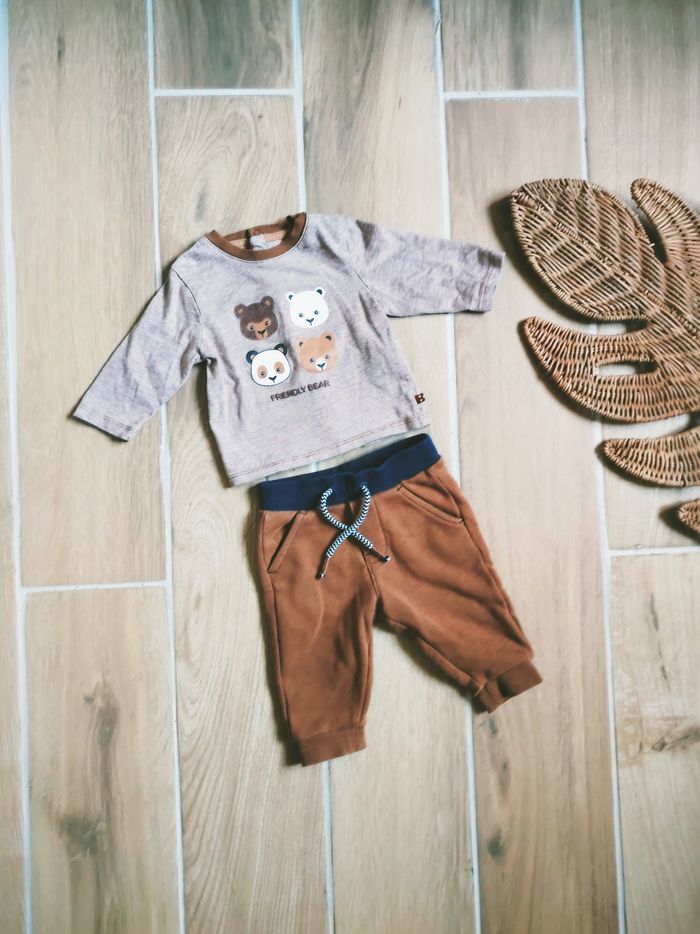 🐶Obaïbi - Ensemble Pantalon molletonné marron et T-shirt motifs ours- Taille 3 mois - photo numéro 2