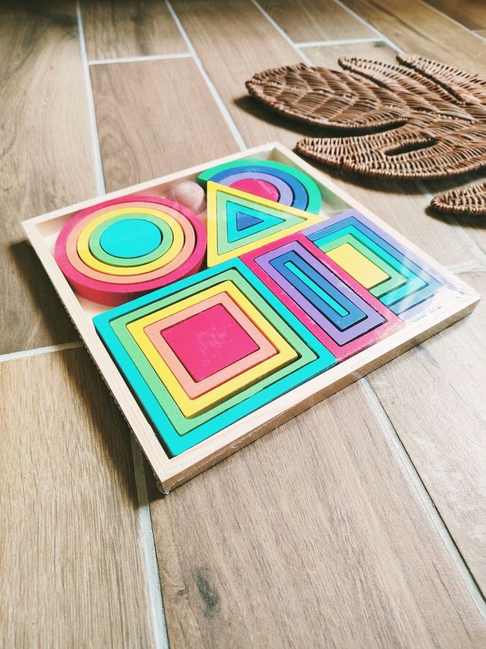 🌈Coffret puzzle formes/blocs géométriques arc en ciel en bois - photo numéro 2
