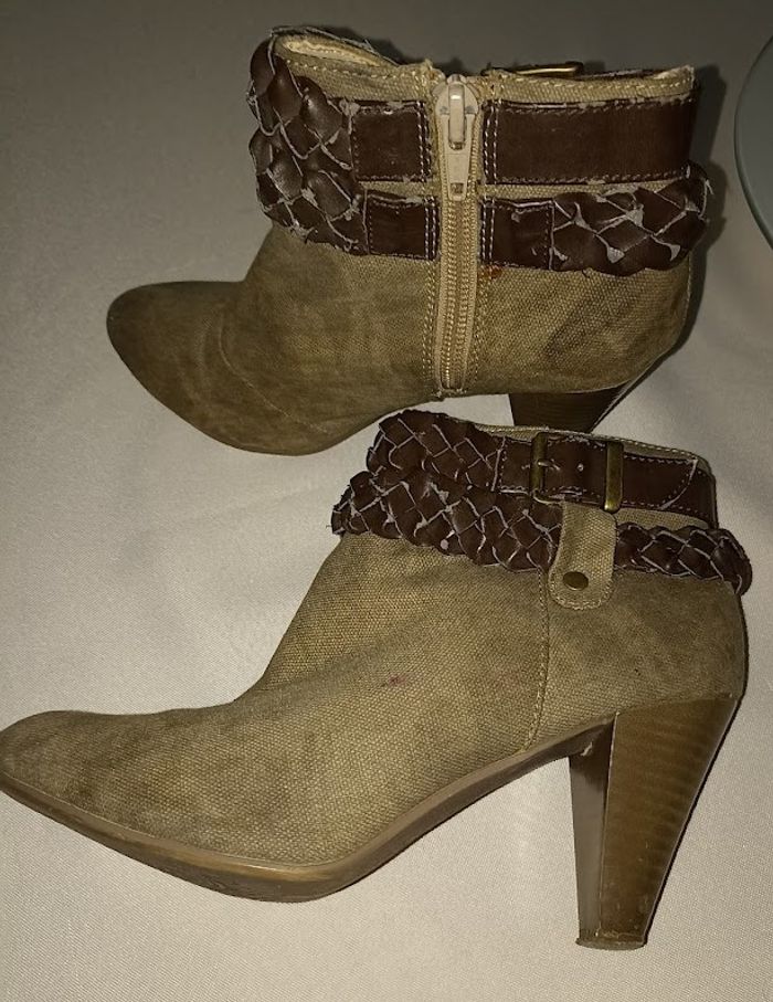 Bottines Tissu Beige & Tressage Cuir Marron - Talon Stable - T.36