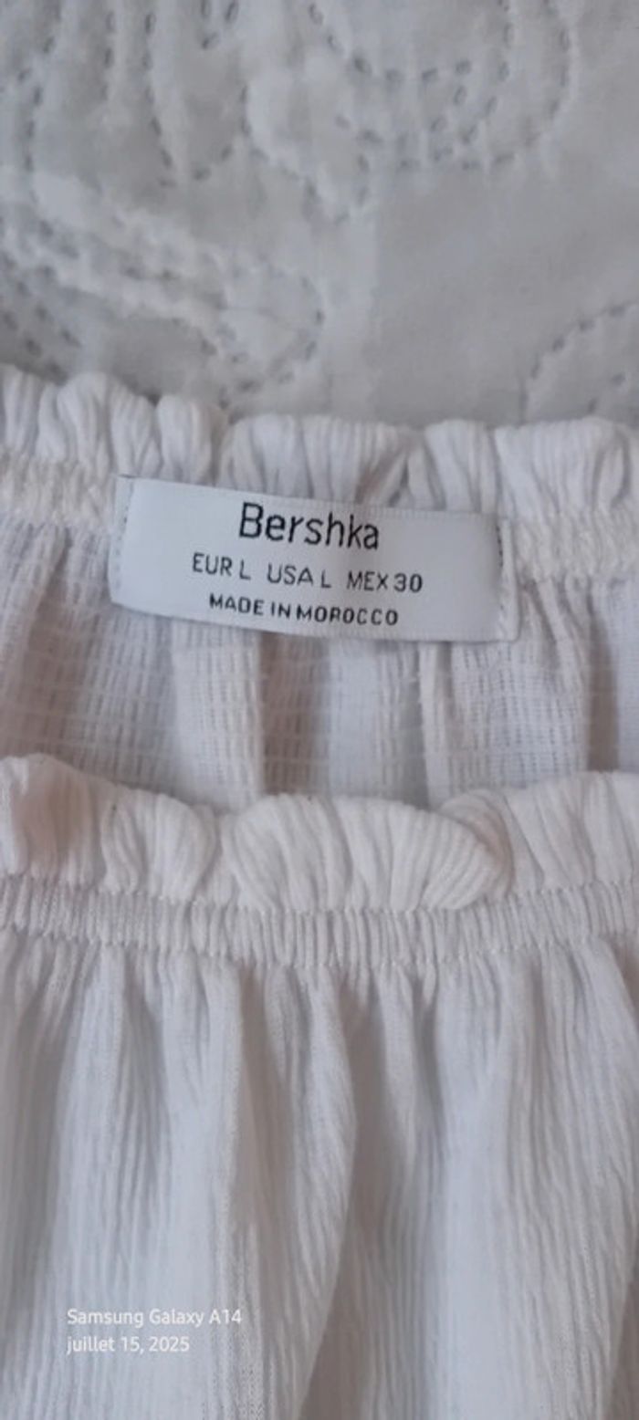 Blouse courte col Bardot elastique aspect plissé blanc femme L bershka - photo numéro 13