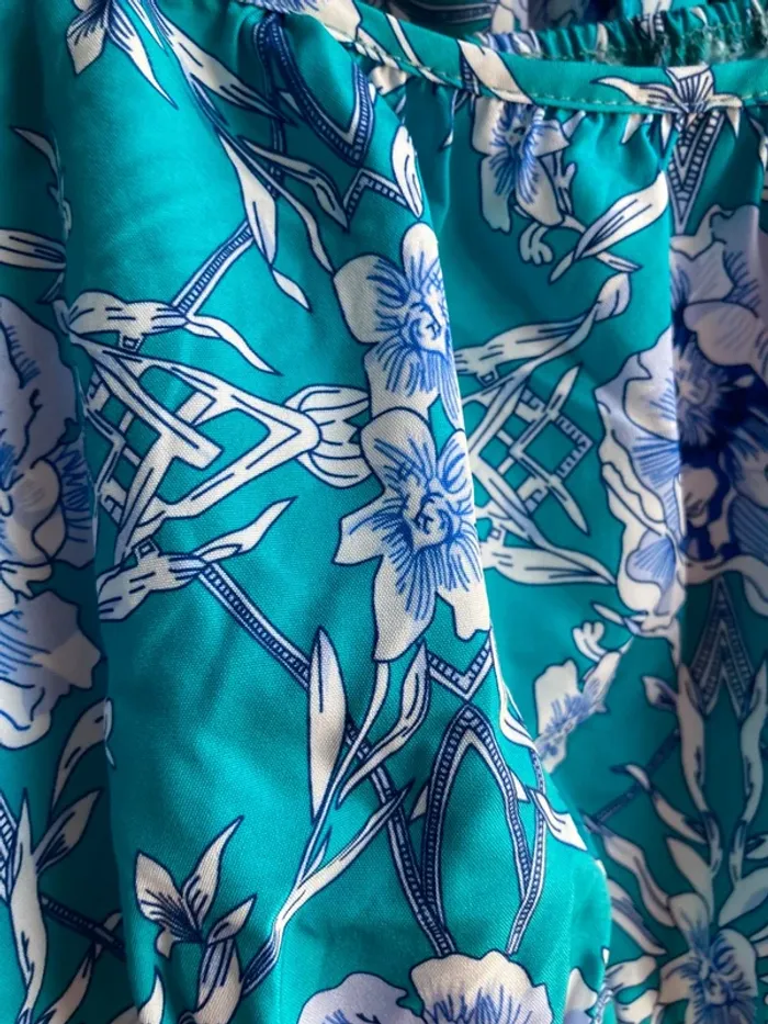 Superbe ensemble vintage jupe patineuse top crop réglable bleu turquoise fleurs - photo numéro 3