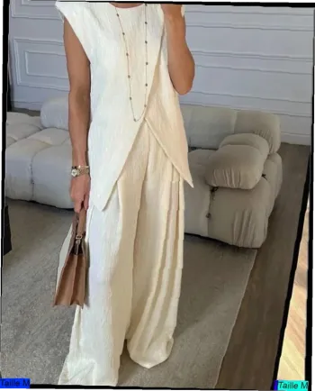 Ensemble Femme Deux Pièces Crème Plissé Minimaliste - Taille M Neuf Jamais Porté