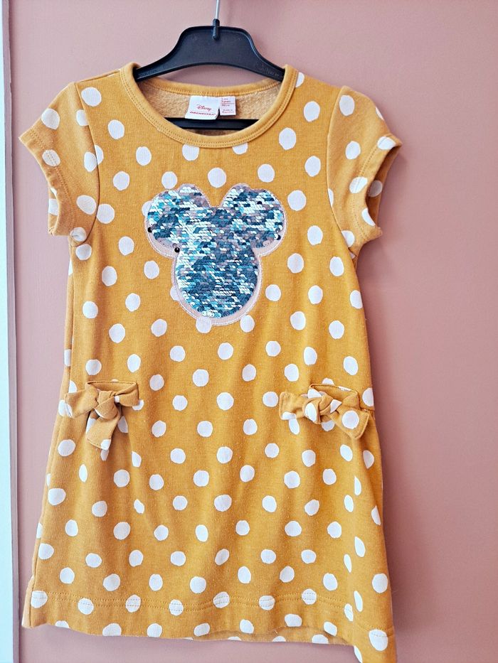 robe moutarde à pois blanc minnie sequins réversibles paillettes disney orchestra 5ans