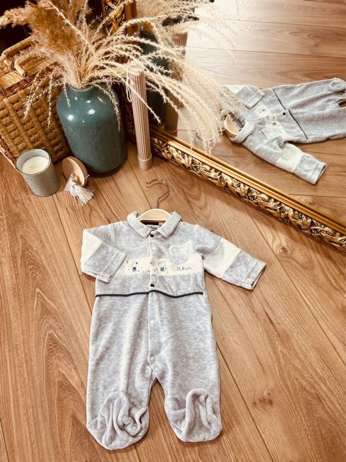 Taille 1 mois pyjama velours garçon Aubisou gris * souris * 💙