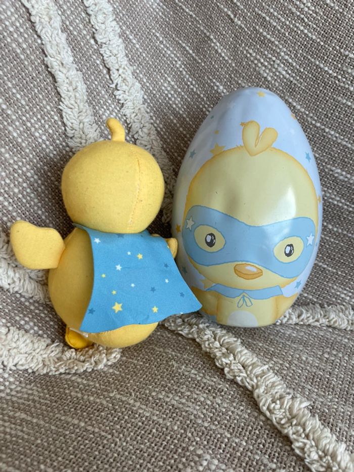 Peluche doudou 15cm sergent major poussin jaune héros cape bleu très bon état - photo numéro 3