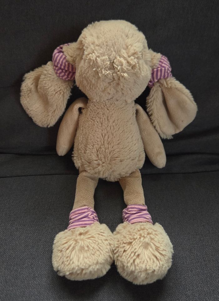 Peluche Lapin beige 29 cm - chouchous et jambières violet et rose - Bukowski